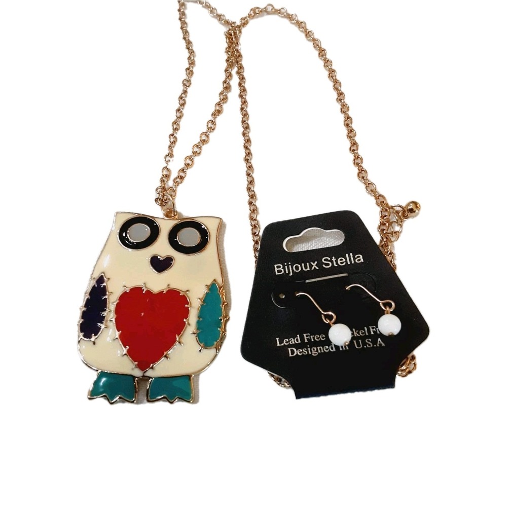 Bijoux Stella Owl Necklace Earring Set Whimsical Enamel Heart Nickel Free USA